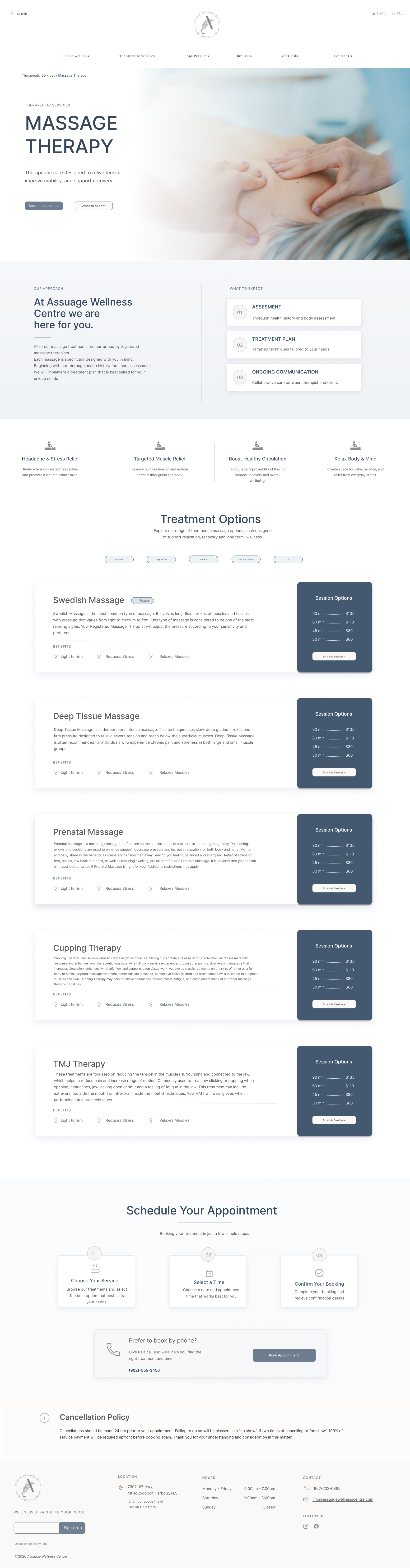 Massage page mockup showcasing the spa services and wellness offerings.