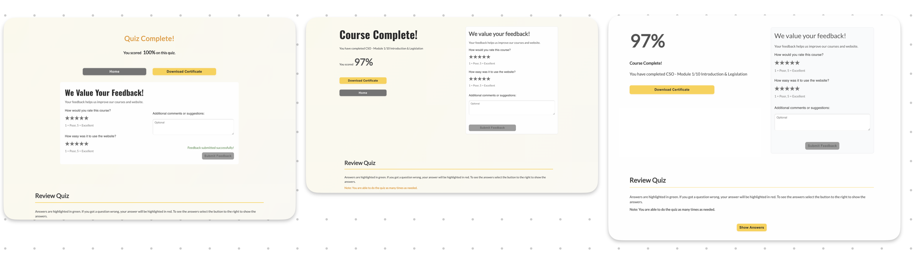 Iterations of styling for the completed quiz page